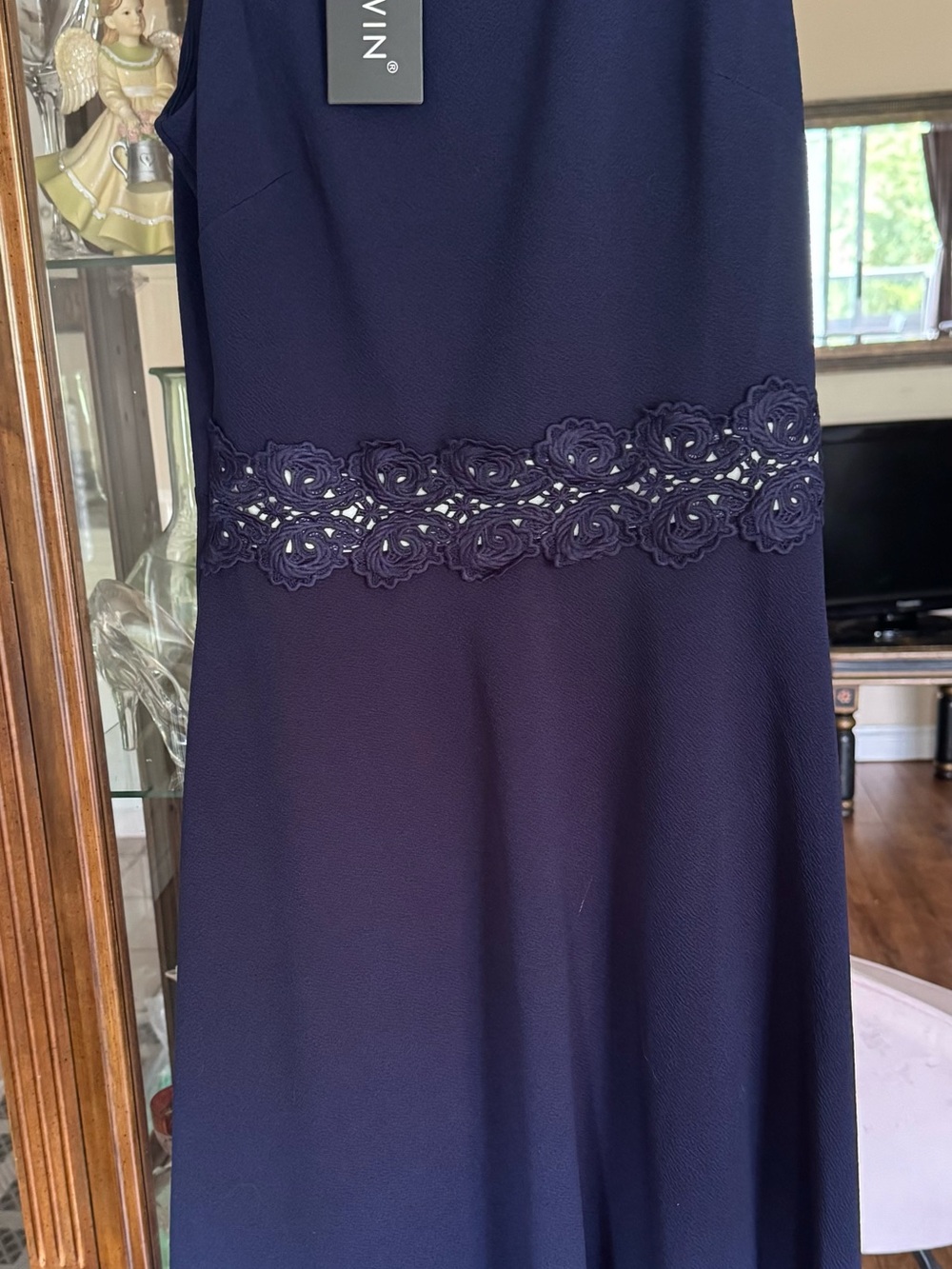 Calvin Klein Dark Navy Midi Dress with Floral Lace Waistband